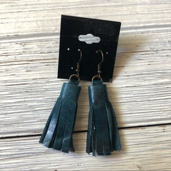 Boho Teal Turquoise Leather Tassel Fringe Earrings - Picture 4 of 4